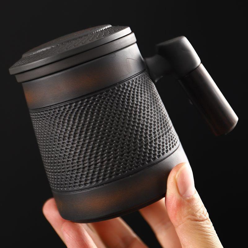 复古紫陶办公茶杯子紫砂杯茶水分离带过滤带盖高档个人专用泡茶器