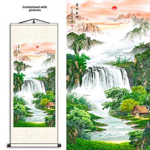 办公室靠山富水长流卷轴挂画玄关客厅竖版旭日东升壁画茶室字画