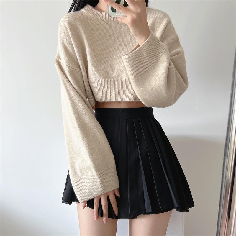 women sweater pullover exposed button belly short loose