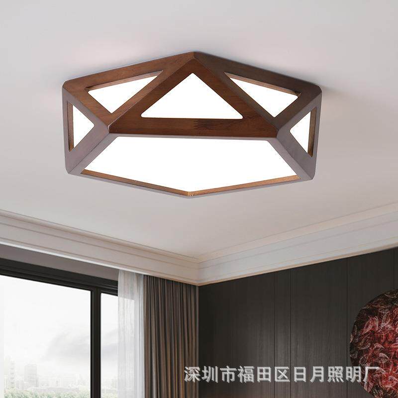 新中式几何吸顶灯简约现代LED卧室书房顶灯温馨黑胡桃色实木灯具
