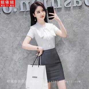洋气网红炸街上衣OL工作服 雪纺职业衬衣蝴蝶结修身 白色衬衫 女短袖