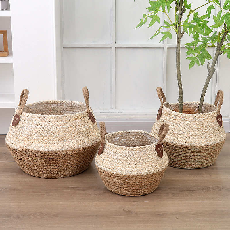藤编装饰花盆玉米绳收纳筐脏衣篓置物篮框草编落地竹篮杂物置物篮