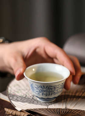 青花口珍藏千65cc原矿杯先生手绘2023晴个人单茶杯主人叶纹青花杯