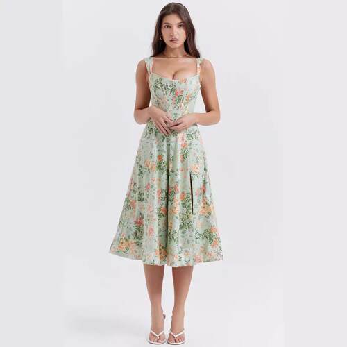 Waist slimming long dress with camisole and split floral