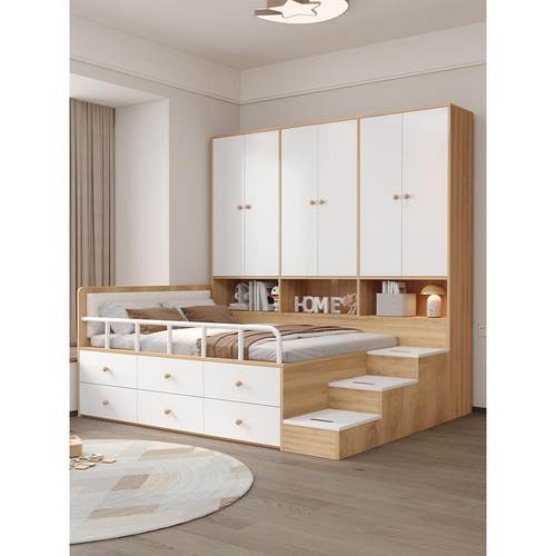 全实木上床下柜带高箱储物楼梯衣柜床一体组合多功能儿童半高床