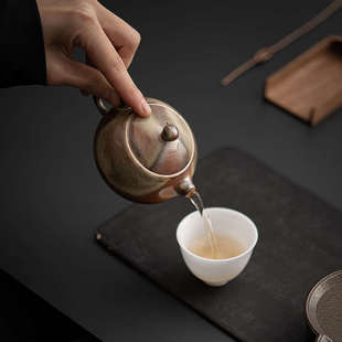 复古球孔滤茶正把手执壶家用单壶陶瓷泡茶壶 仿柴烧釉茶壶窑变日式