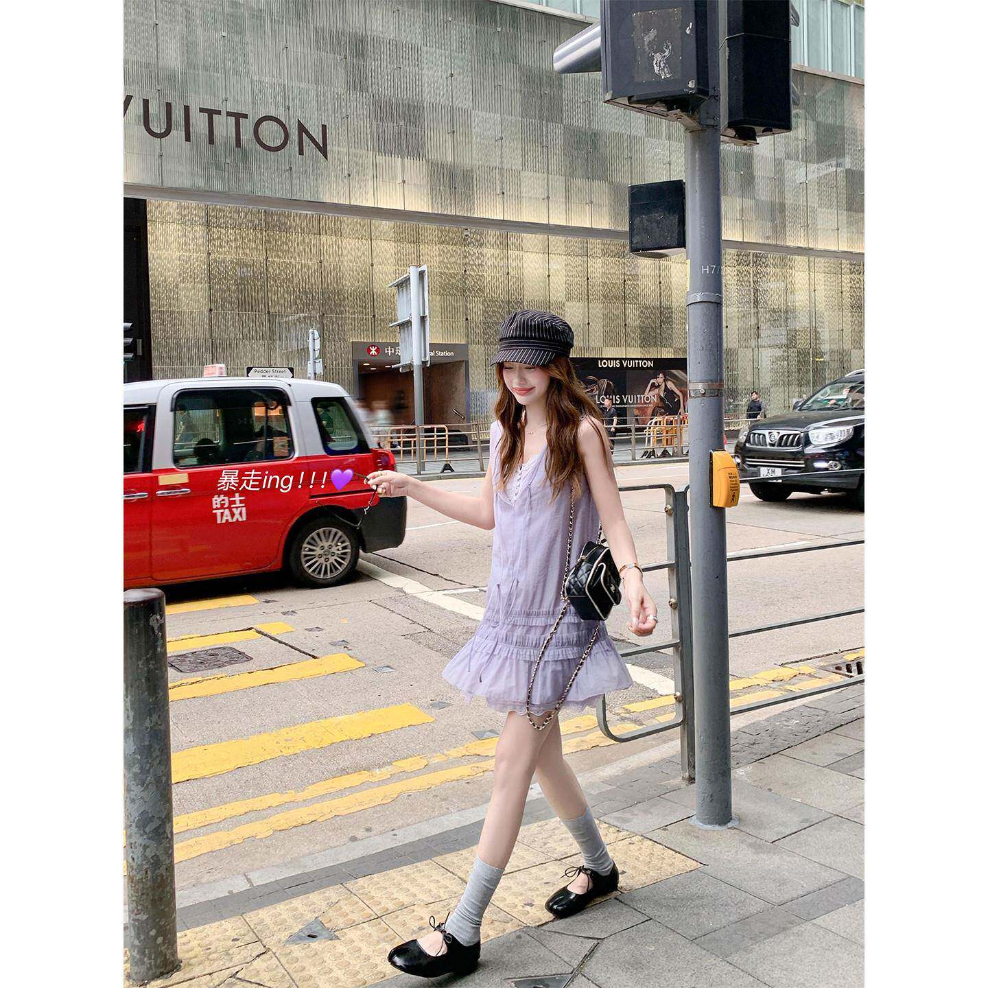 曾小咸 韩系气质紫色无袖背心连衣裙女夏季小个子设计感短裙裙子
