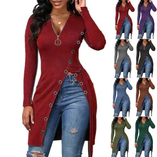 Women's collar long sleeved slit zipper dress