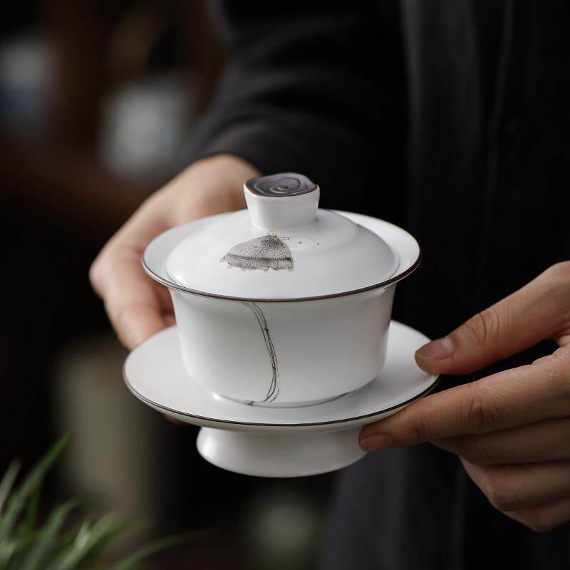 手工无光白瓷盖碗茶杯 茶碗三才碗 功夫茶具茶碗敬茶杯茶道泡茶器