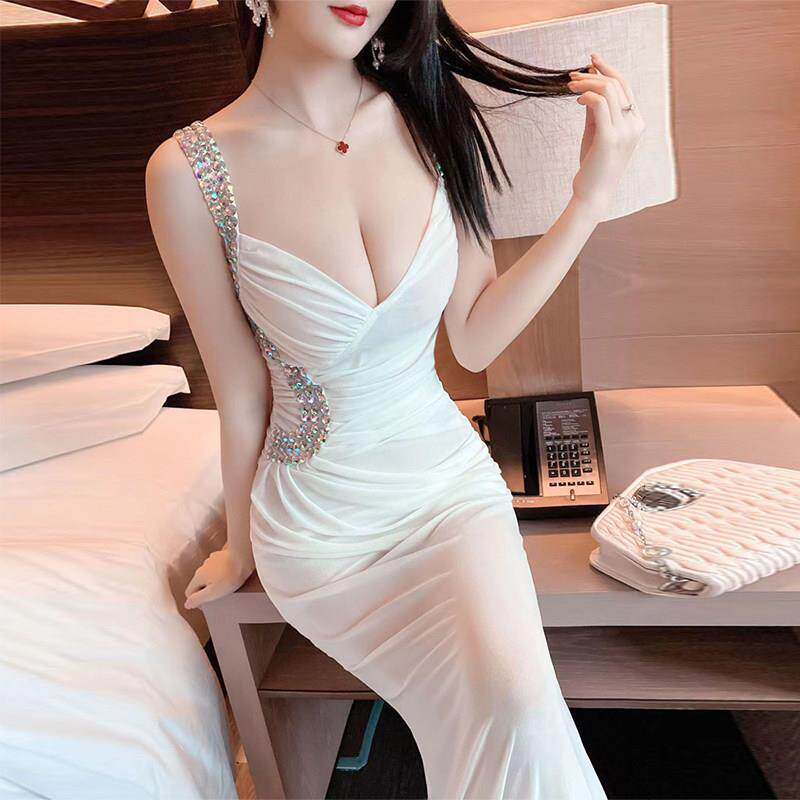 夜店女装性感吊带洋装无袖露肩时尚网纱包臀显瘦晚礼服长版黑色