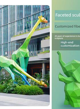 几何兔子雕塑户外网红卡通玻璃钢切面熊猫摆件不锈钢动物广场美陈