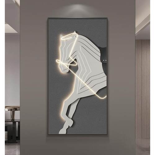 意墙式极简玄关装厅饰画led灯画时ZZ0722-5尚感马入户面挂骏画竖
