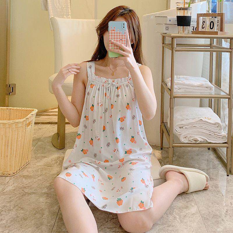 睡裙夏季女吊带小碎花睡衣夏天凉感人造棉少女可爱绵绸家居服