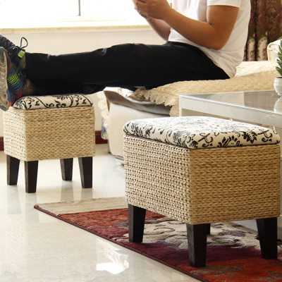 草编收纳凳子储物凳家用矮凳桌边实木长方凳进门口可坐人试换鞋凳