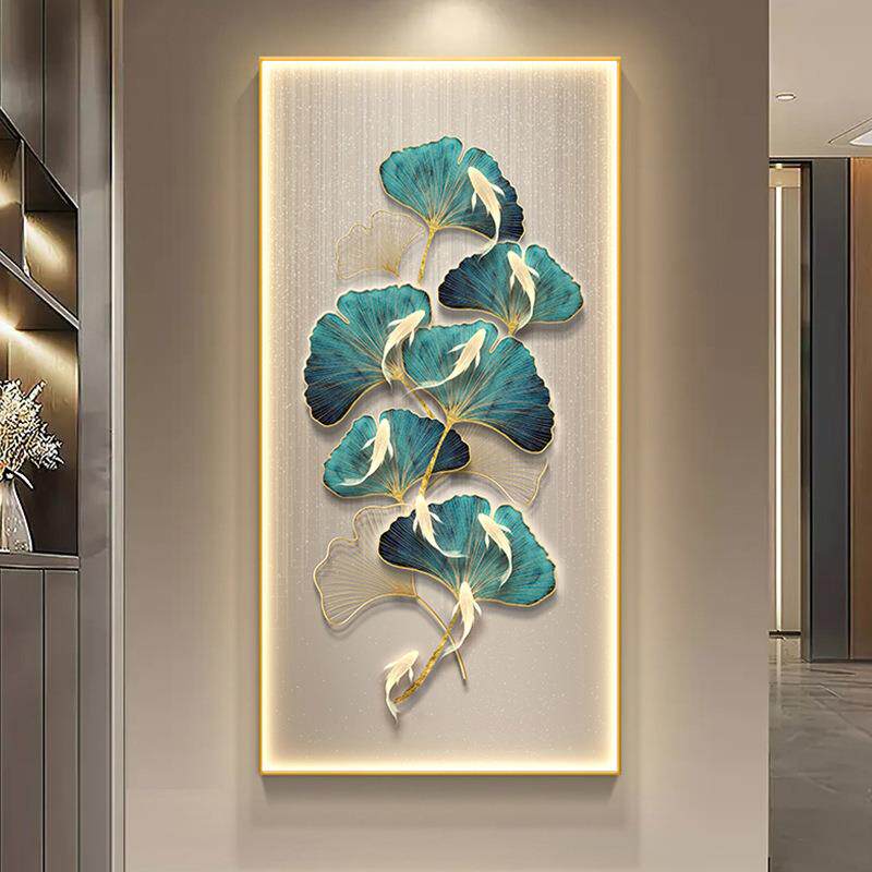 大气玄关装饰画入户正对门银杏叶挂画LED发光灯画走廊过道墙壁画