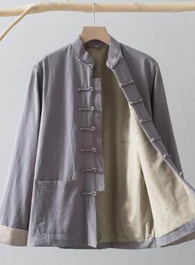 秋冬季装男唐纯棉加长袖外套棉中国风中式服装中绒老年薄款衣