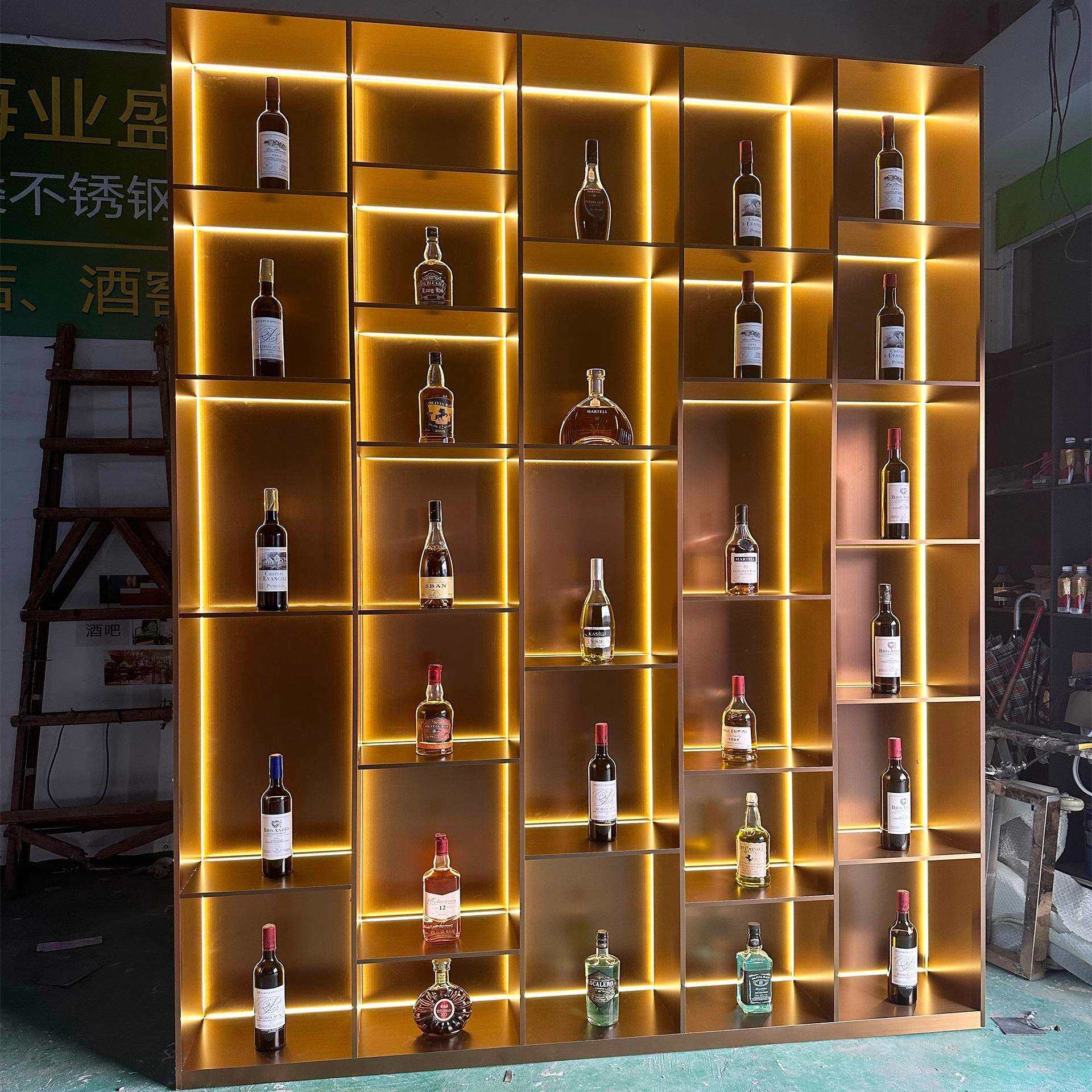 私人酒窖酒店吧台现代风格玫瑰金常温开放敞开式不锈钢酒柜酒架