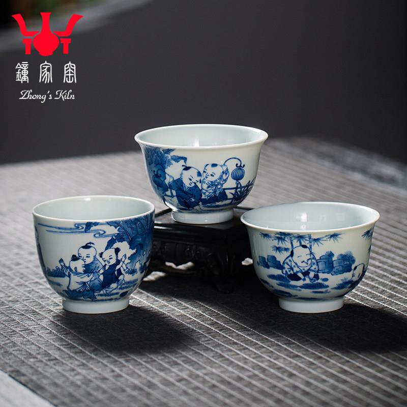 钟 钟家窑主人杯单杯 景德镇手绘青花柴窑人物童子杯陶瓷功夫小茶