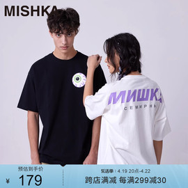 mishkanyc大眼球美式复古潮牌夏季白色短袖，t恤男女士宽松纯棉情侣