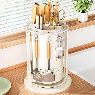 厨房旋转刀架置物架锅铲勺筷子筒菜刀架一体收纳盒多功能家用神器