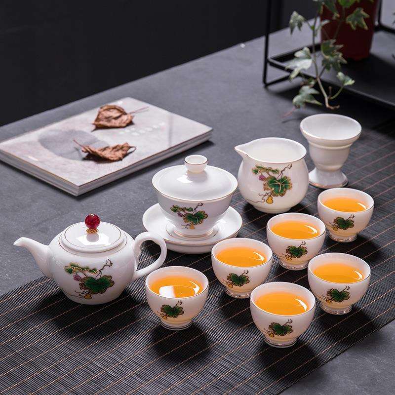 直销青花手绘创意描金德化羊脂白玉瓷茶具套装茶壶盖碗茶杯
