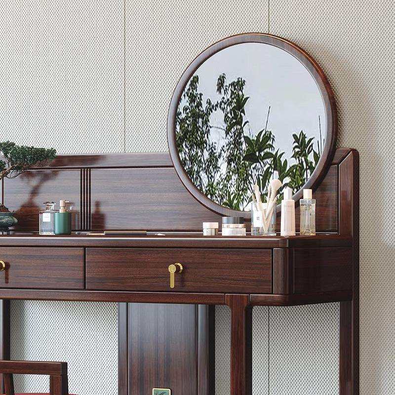 新中式乌金木实木圆镜梳妆台现代高端简约卧室妆凳组合抽屉收纳桌