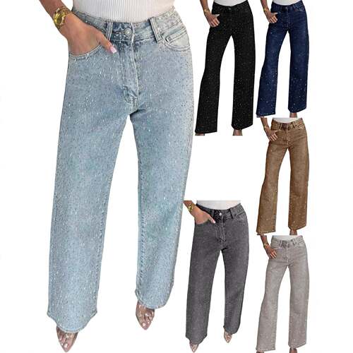 Women's High Waist Straight Leg Jeans Rhinestone Embellished