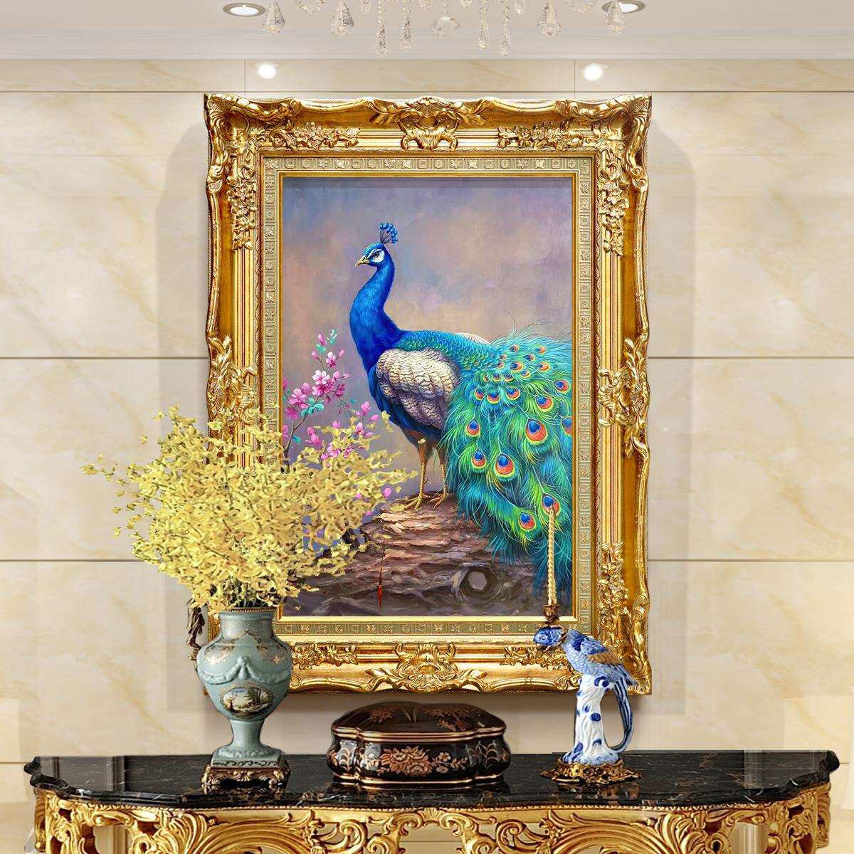 欧式装饰画美式玄关孔雀油画中式客厅挂画图简欧走廊过道壁画竖版