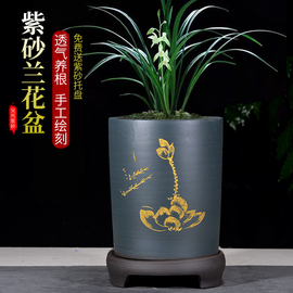 紫砂花盆兰花盆手工刻绘圆直筒君子兰盆兰草花盆，大口径带托盘