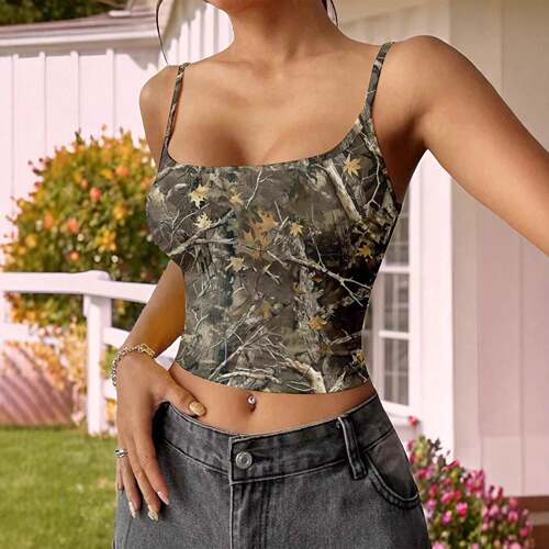 Women's Camo Print Crop Tank Top Casual Sleeveless V Neck