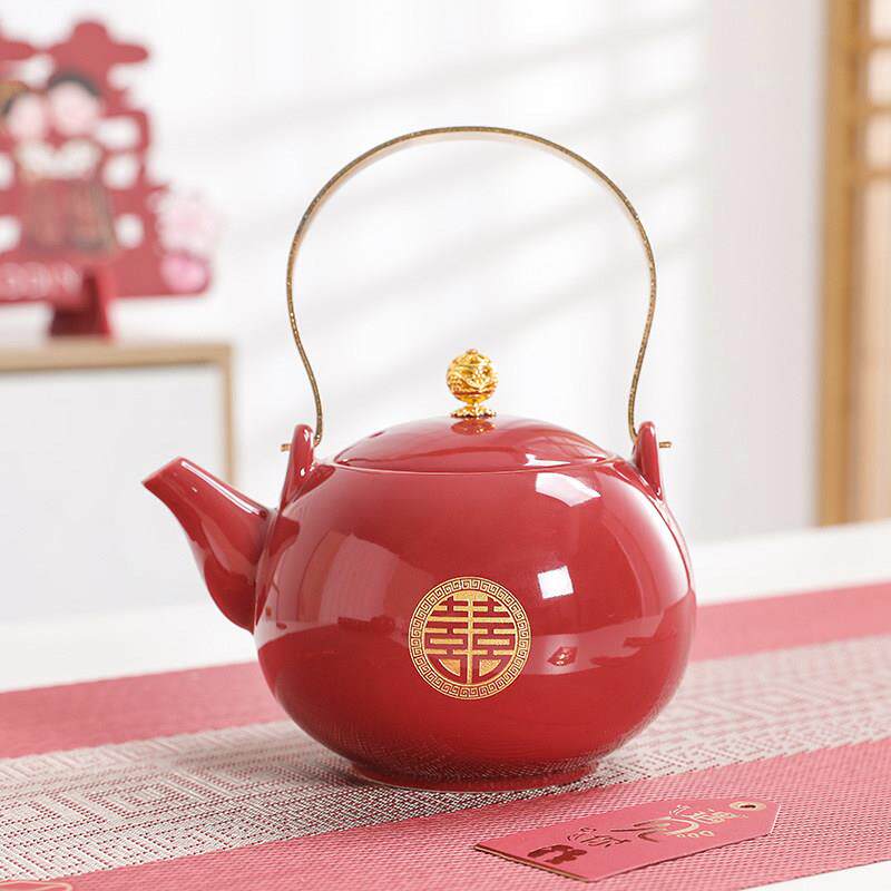 结婚茶壶红色婚庆敬茶壶茶具中式新人陪嫁改口喜壶家用陶瓷提梁壶