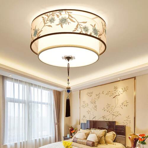 新中式卧室吸顶灯现代简约方形led中国风布艺刺绣餐厅灯具小 精品