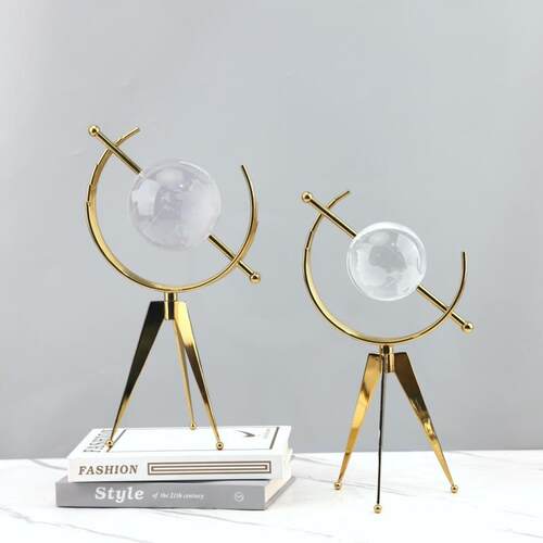 现代简约高端几何金属水晶地球仪艺术摆件玄关书房酒店家居装饰品