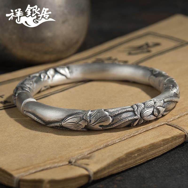 高档祥银足工银手錾刻圆柱爱复古哑光莲说手镯.传居家