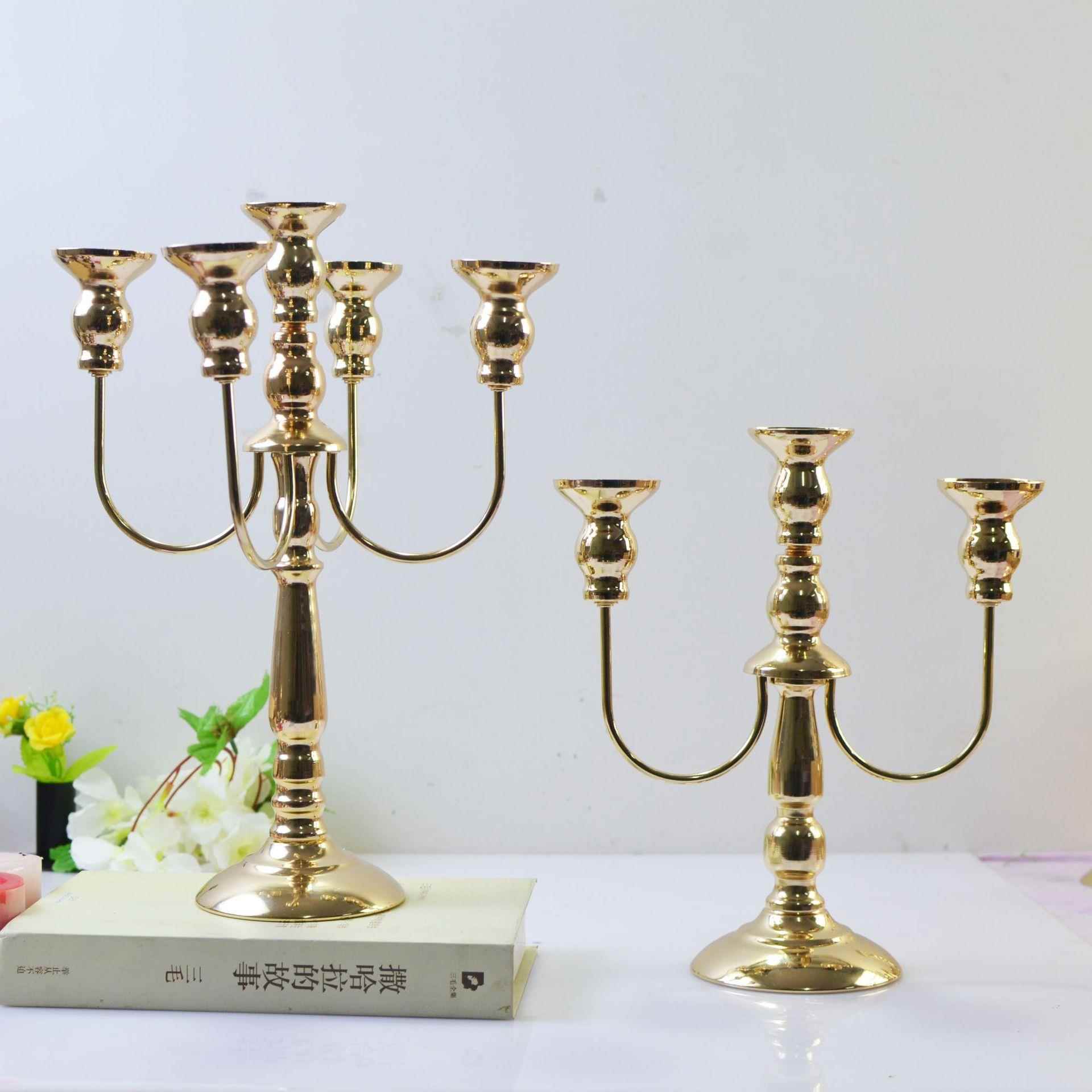 欧式金色电镀摆件酒店婚礼铁艺烛台三头五头浪漫烛光晚餐蜡烛架