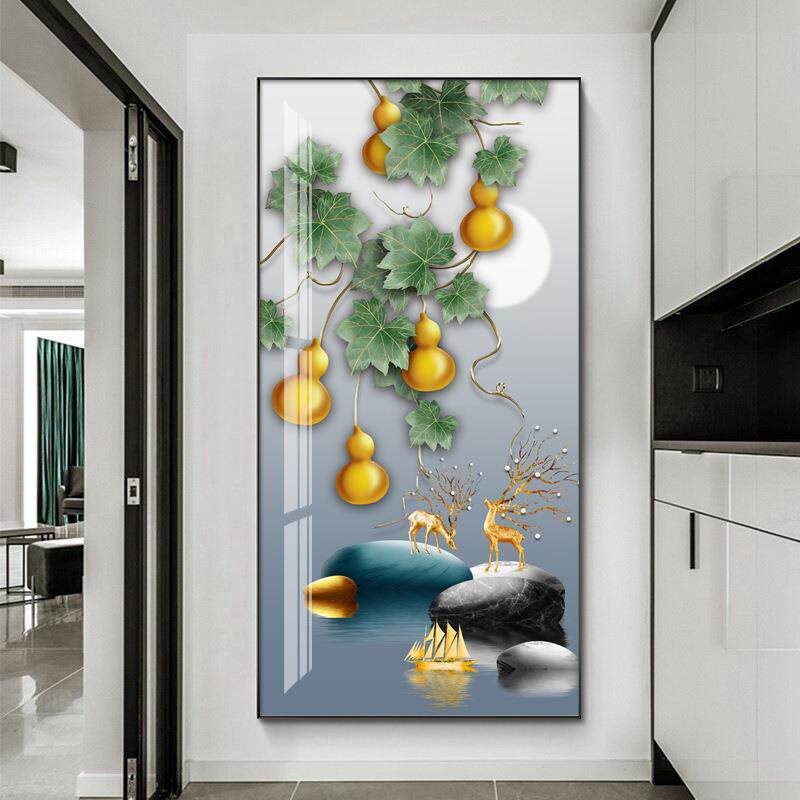 新款直销玄关装饰画五福临门玄幻晶瓷入户走廊背景墙竖版挂画晶瓷
