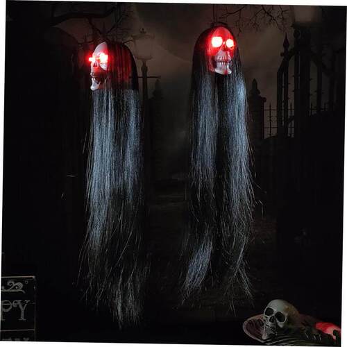 Halloween Hanging Ghost Skull with Long Hair Glowing Eyes