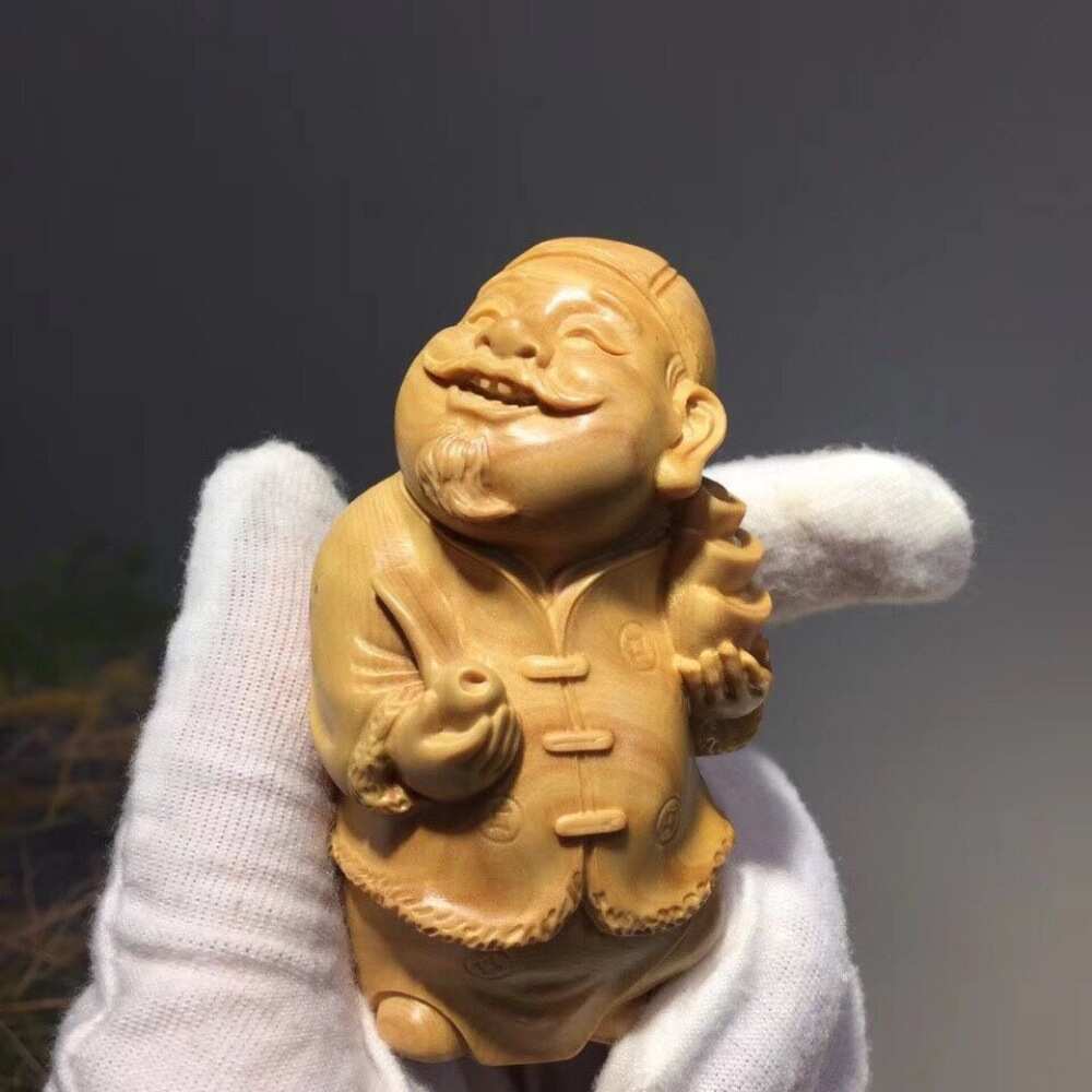 黄杨木雕小财主手把件招财转运解压手持工艺品家居茶桌吉祥装饰品