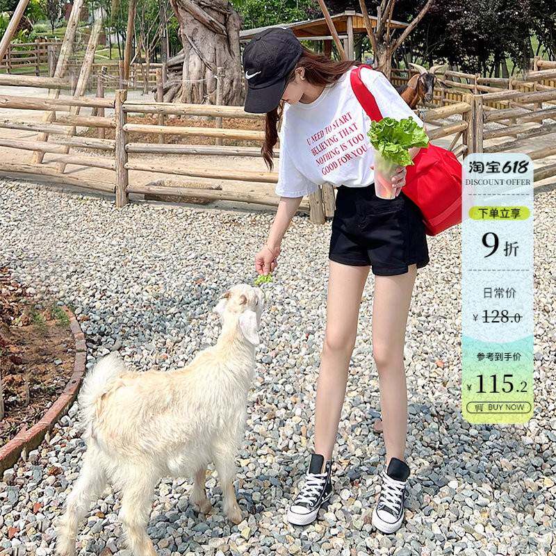 辣妹小蛮腰高腰收腹黑色牛仔短裤女夏季百搭宽松阔腿侧开 叉热裤