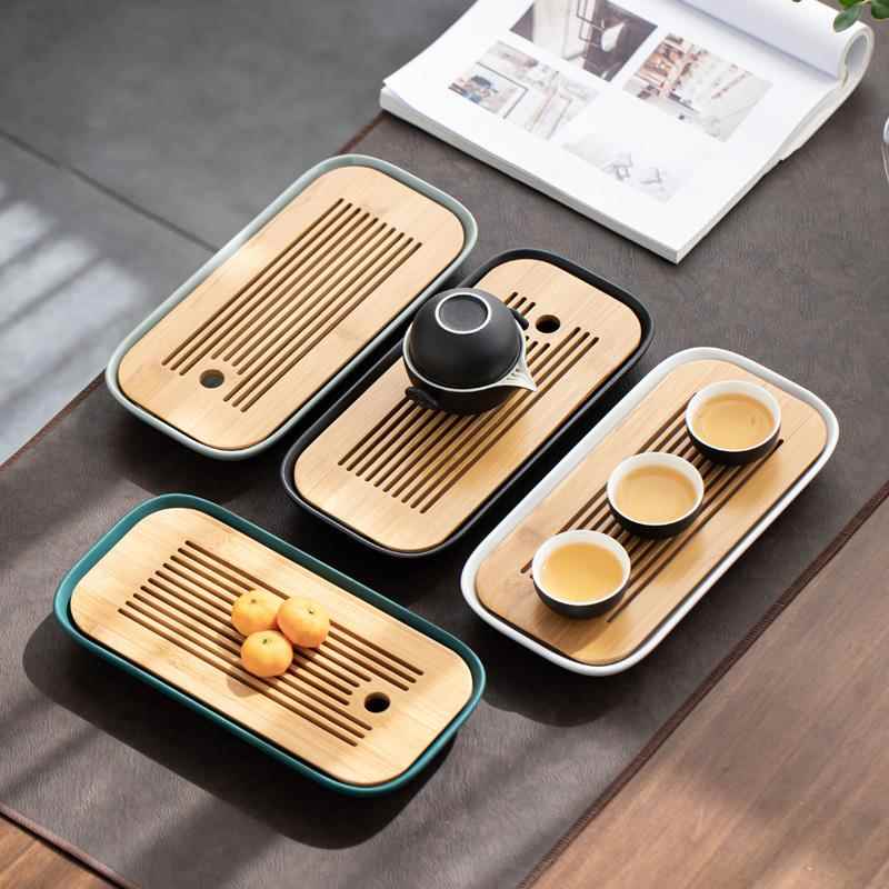 陶瓷小型竹茶盘茶海茶台功夫茶具托盘干泡台简约家用沥水托盘储水