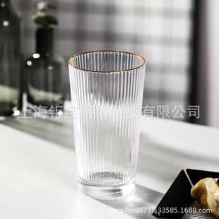 竖条透明金边玻璃水杯礼品创意家用啤酒杯威士忌杯子酒杯厂家
