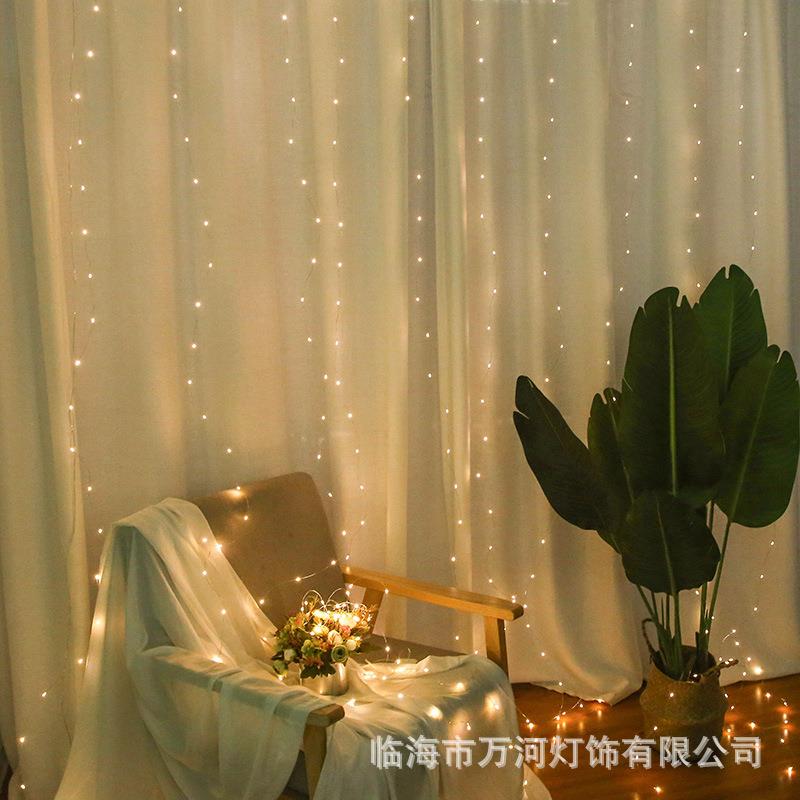 新款直销跨境跨销遥控铜丝灯窗帘灯3*3瀑布漫天星装饰主播房间背