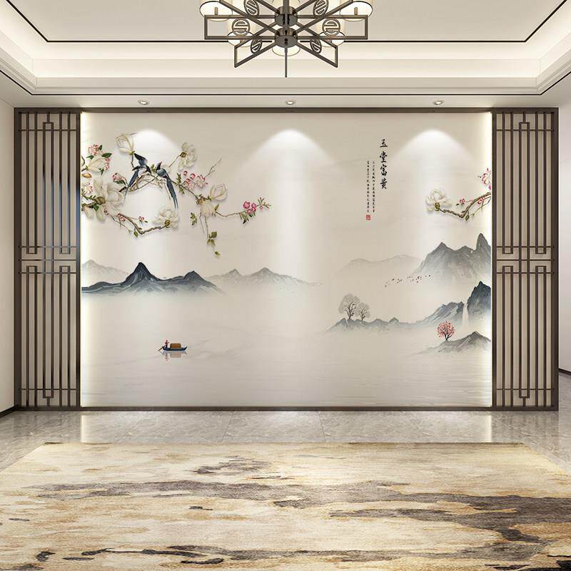新中式山水画 画花鸟竹木纤维板电视背景墙茶室足浴会所养生馆护