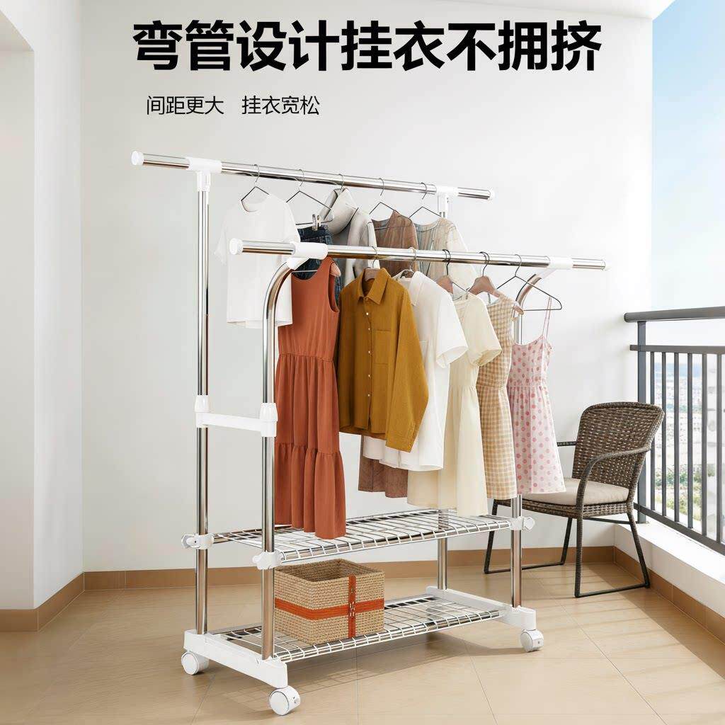 晾衣架落地家用阳台双杆式加固伸缩简易晒衣架不锈钢卧室挂衣架子