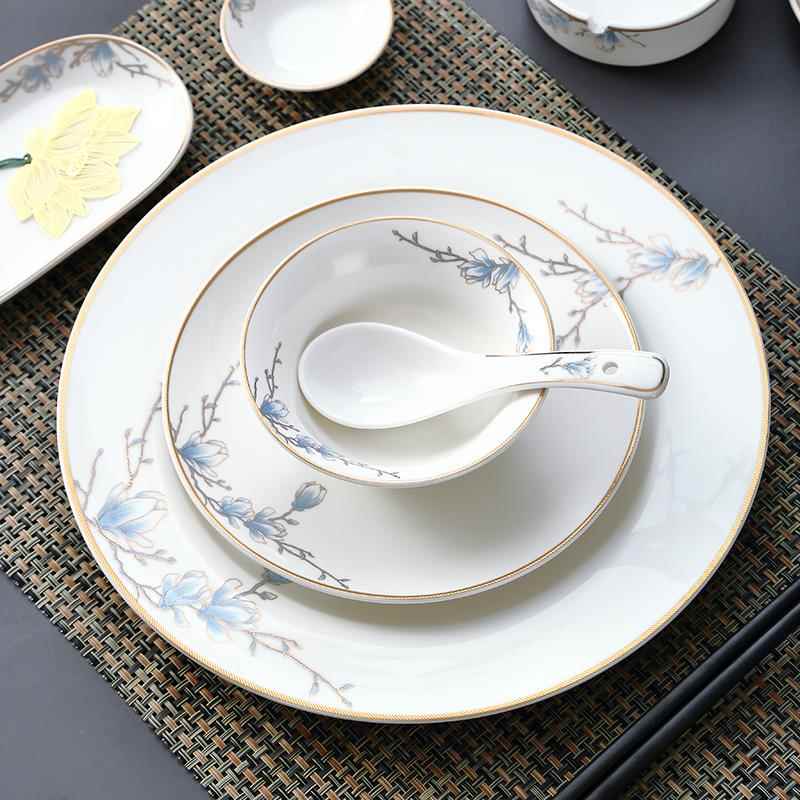 饭店高级陶瓷餐具组 酒店中式风格碗具组 10.5英寸瓷质骨碟 金色