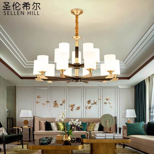 全铜客厅吊灯新中式轻奢简约大气家用别墅复式楼餐厅吊灯客厅灯具