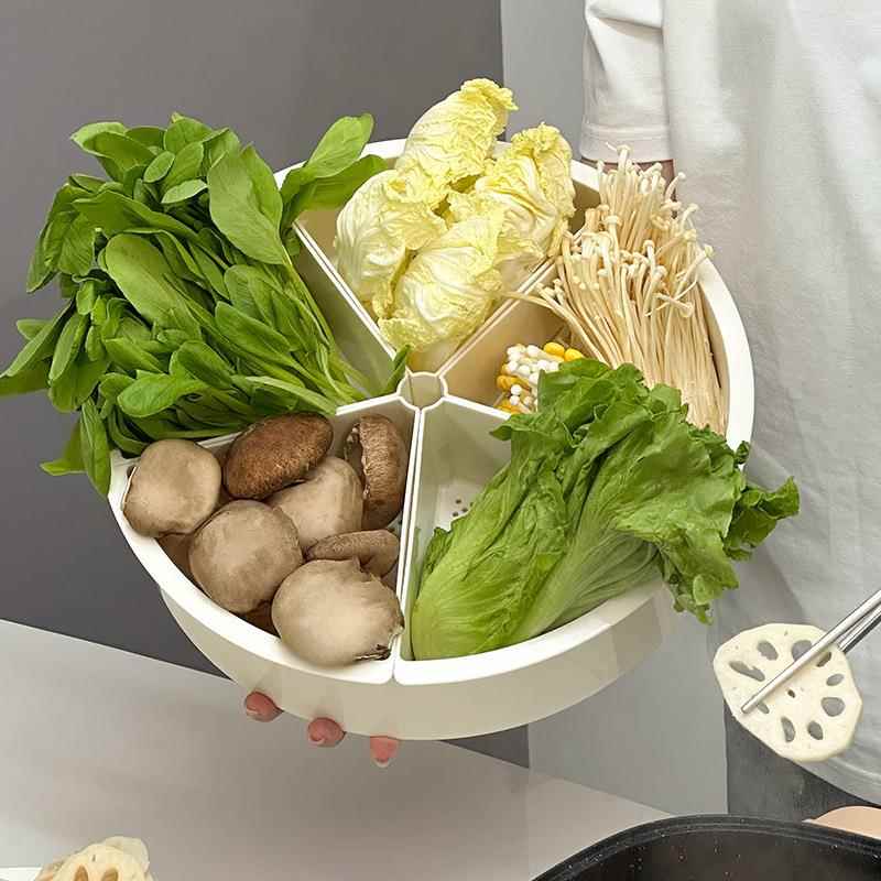 可旋转火锅配菜盘分格带沥水家用放蔬菜水果拼盘大容量厨房备菜盘