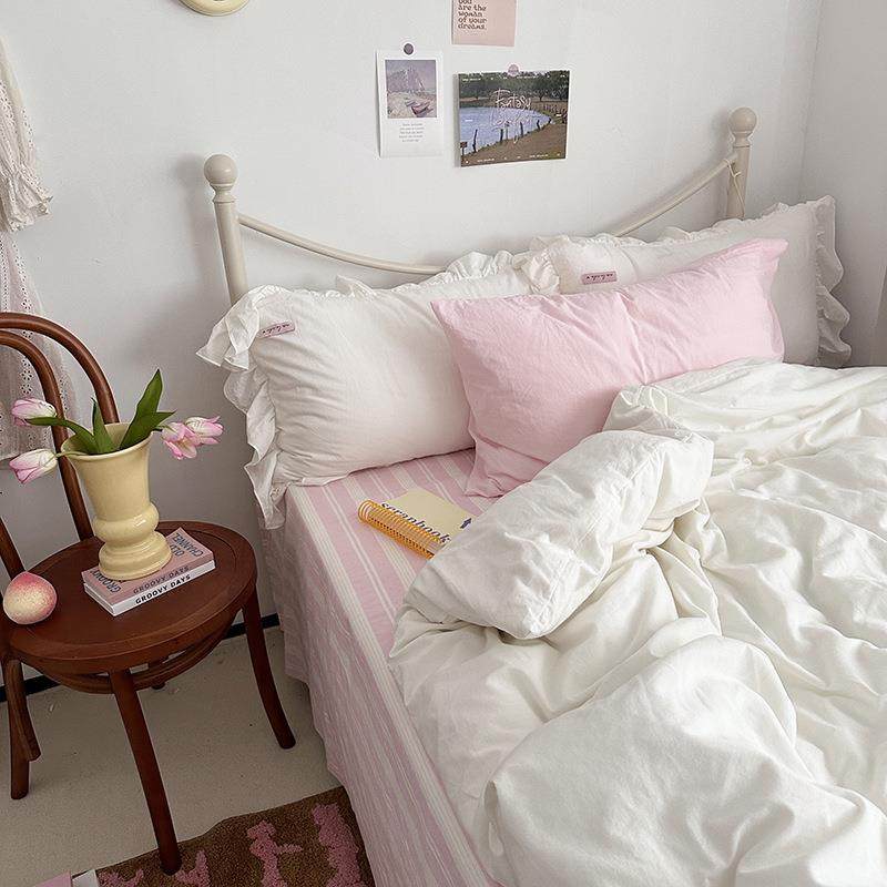 色织水洗少女粉色全棉纯棉床品四件套床单被单被套床笠床上三件套