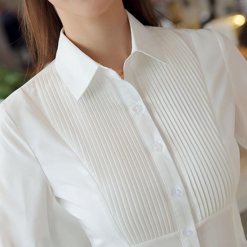 白色长袖衬衫春秋季商场前台服务员工作服女褶皱风琴百搭职业上衣