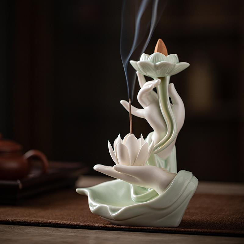 陶瓷佛手莲花倒流香香薰炉创意现代室内家居装饰摆件檀香线香香薰